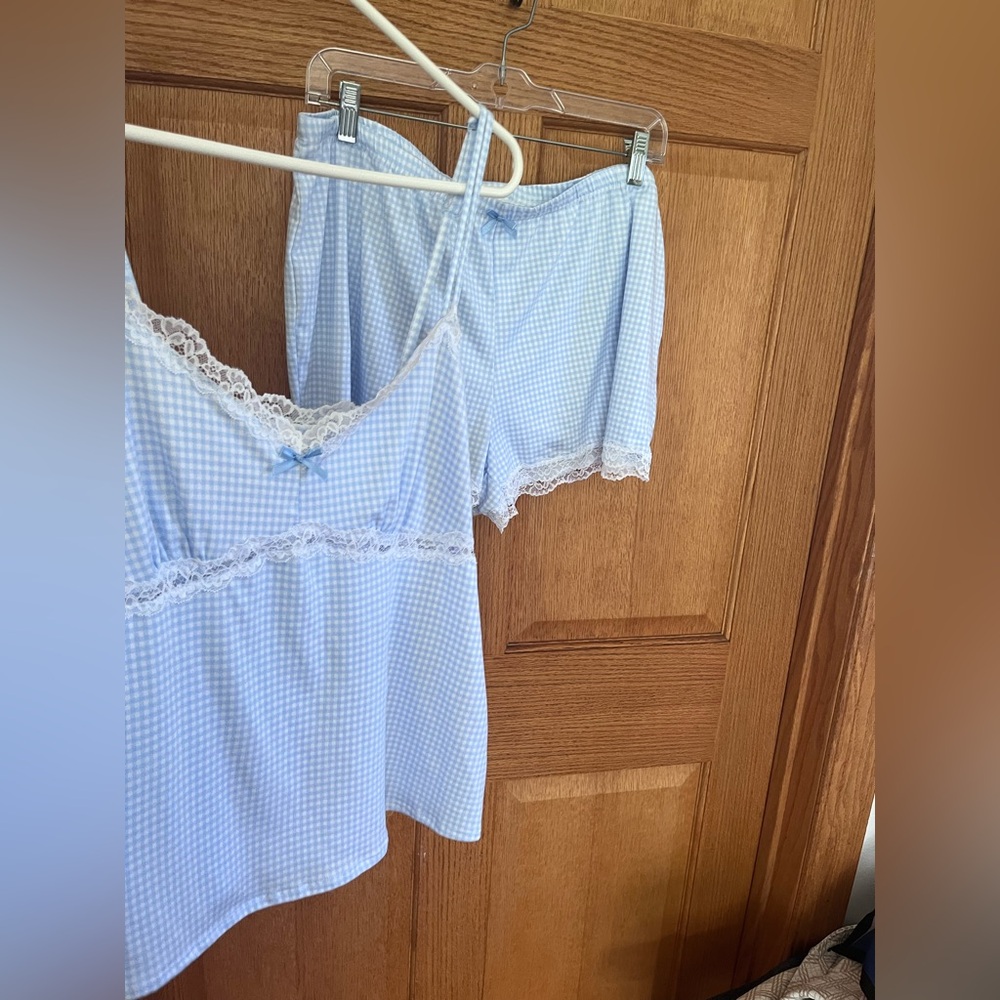 Laura Ashley Light Blue Gingham Lace Trim Cami & Shorts Pajama Set